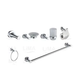 صورة 1: اكسسوار حمام كروم Lima – منظر أمامي صورة 2: مجموعة اكسسوار حمام 6 قطع Lima صورة 3: حامل مناشف كروم Lima صورة 4: صينية صابون وحامل فرشاة كروم Lima صورة 5: اكسسوار حمام Lima – تركيب عملي في الحمام